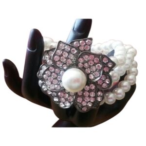Pearl (Faux) 3 Strand  Stretch Bracelet, Rhinestone & Faux Pearl Flower Accent